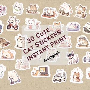 Instant 30 Cute Cat Stickers Print. Kawaii Cat Magic: A Collection of 30 Printable Playful Cats Stickers SVG PNG for Cricut and Silhouette.