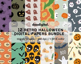12 Printable Retro Halloween Patterns. Seamlessly Spooky: Groovy Halloween Digital Papers with Trendy Patterns for Gift Wrap, Scrapbooking