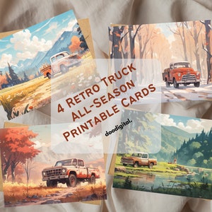Cartes imprimables toutes saisons de camion rétro. Lot de 4 cartes de correspondance polyvalentes rétro des années 70 avec un camion classique traversant les 4 saisons.