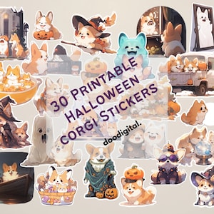 30 Halloween Corgis Sticker zum Ausdrucken. Digitale Halloween Sticker für Hundeliebhaber: 30 verspielte Corgis mit Kürbis-Motiven für den Herbst.
