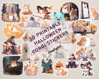 30 afdrukbare Halloween Corgi-stickers. Digitale Halloween-stickers voor hondenliefhebbers: 30 speelse Corgi met pompoenontwerpen voor herfstdecors.