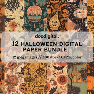 12 Spooky Halloween Digital Papers Bundle. Trendy Printable Halloween Gift Wrap Papers of Haunted House, Cat, Pumpkin Seamless Pattern JPGs