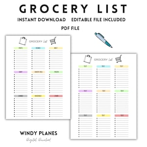 Peut inclure: Modèle de liste de courses imprimable avec deux mises en page différentes. La première mise en page comporte des catégories pour les fruits, les légumes, la viande, les produits laitiers, la boulangerie/charcuterie, les produits surgelés, les conserves, les produits ménagers et autres. La deuxième mise en page comporte six colonnes avec le mot "TEXTE" en haut de chaque colonne.