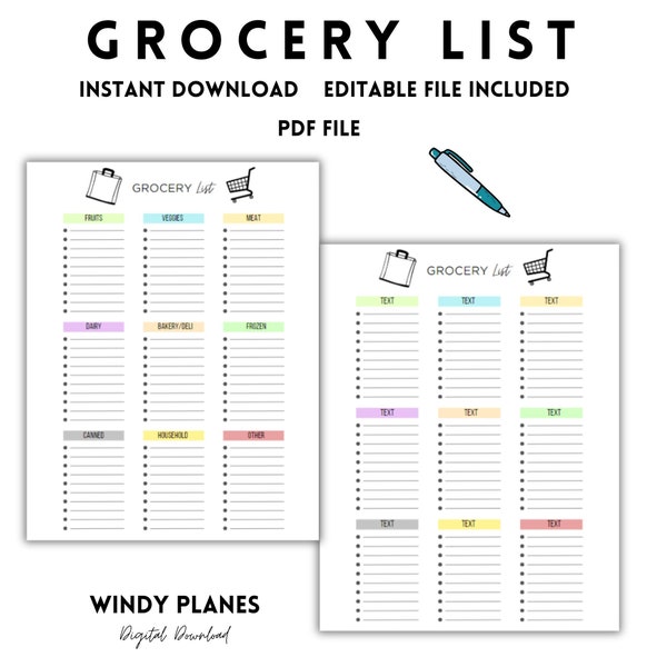 Grocery List Printable Template | Food Shopping List | Editable Grocery List, Instant Download, PDF, Minimalist, Grocery List Printable