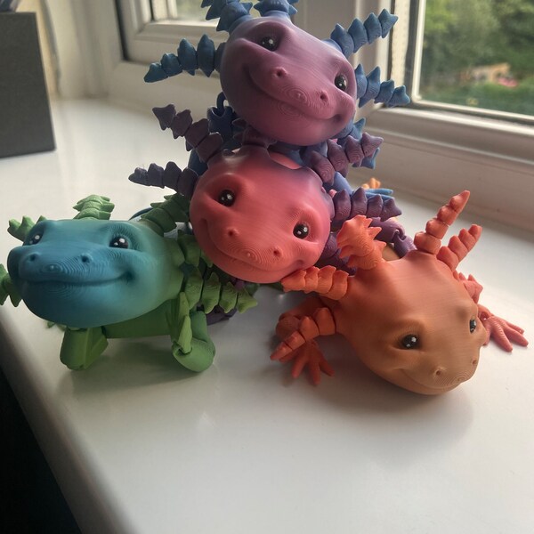 Impression 3D Axolotl flexible, grand sourire, adorable visage heureux, entièrement articulé - Finition peinte à la main professionnelle