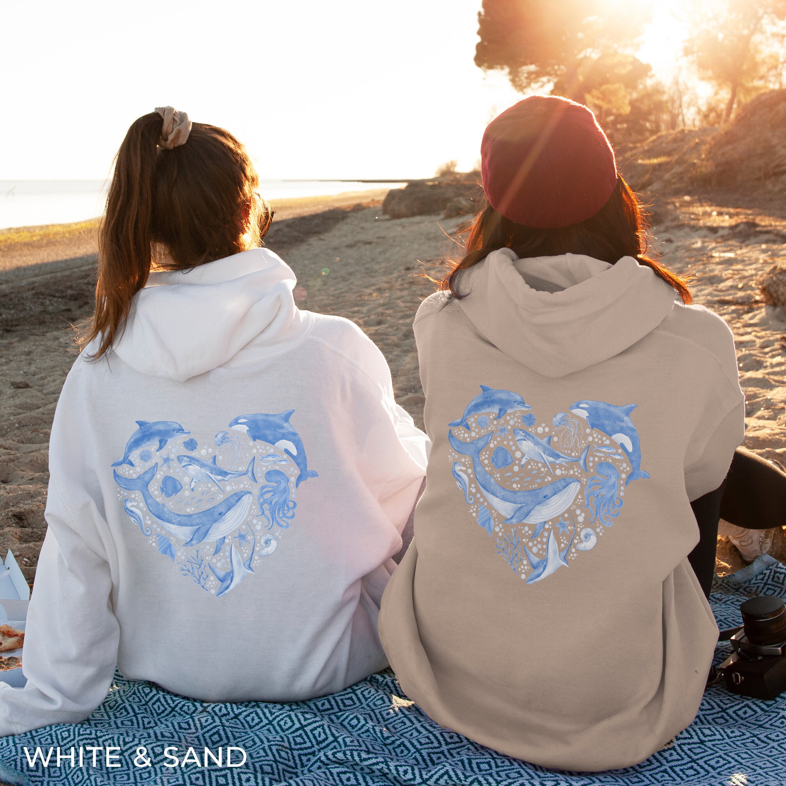 Ocean Inspired Style Watercolor Sea Animal Hooded Sweatshirt, Mermaid Core Shark Hoodie, Coconut Girl Granola Girl Hoodie, Hawaii Earth Day