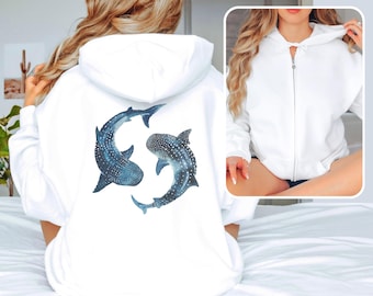 Ocean Inspired Style Whale Shark Full Zip Hooded Sweatshirt, Mermaid Core Hoodie, Coconut Girl Granola Girl Hoodie, Hawaii Earth Day Zip-up