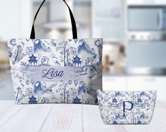 Personalized Mahjong Bag, Blue Chinoiserie Toile Bag | Monogram Name Option,Matching accessory pouch ,Tile Bag,Personalized Mahjong gift