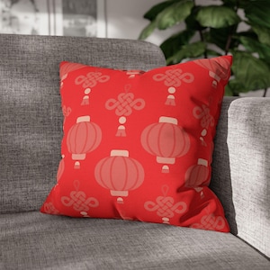 Chinese New Year Square Pillowcase, Chinese Lanterns Design, Lunar New Year Decor, Festive Pillow Cover, Oriental Home Decor, Spun Polyester