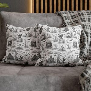 Black Halloween Toile Pillow Cover, Decor for Fall, Cozy Halloween Home Accent, Scary Chic Cushion Cover, Ghost and Pumpkin Decor