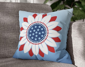 Patriotic Flower Pillow Case, Americana Decor, Red White and Blue Throw pillow,Memorial Day throw pillow, July 4th decor