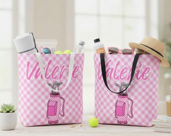 Personalized Golf Tote Bag | Pink Gingham carryall, Gift for Golf Lover