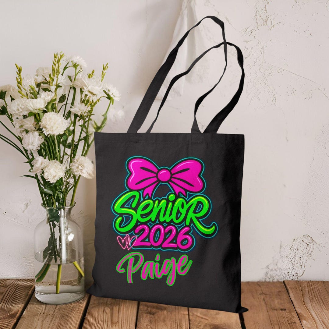Personalized Senior Class of 2026 Tote Bag: Neon Design, Black Canvas ...