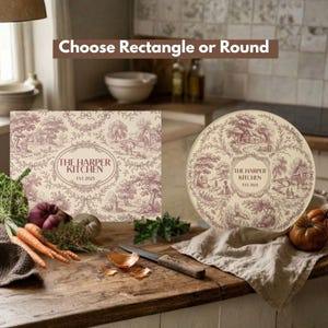 Personalized Classic Toile Glass Cutting Boards, Round Glass Charcuterie Serving Platter, Housewarming gift