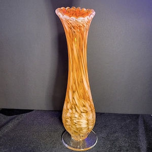1970s MCM Large 12&quot; Inch Tall Funky Art Glass Flower Vase, Vintage Orange and White Murano Blown Glass Asymmetrical Statement Piece