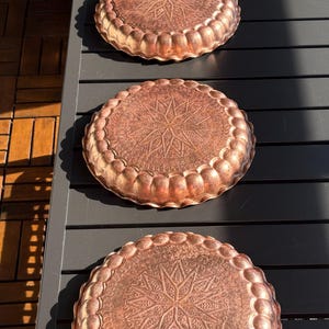 Set of 3 Antique Moroccan Serving Trays, Moorish Engraved Aluminum & Copper Tea Trays, Exotic Metallic Wall Decor