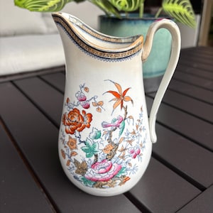 Circa 1850-1861 Antique Georgian Hand Painted Floral Pottery Pitcher, Thomas Till & Sons, Famille Rose Shanghae Pattern