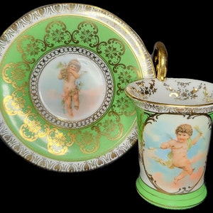 Rare Royal Vienna Tea Cup and Saucer circa 1890-1910, Stunning Green Heavy Gold Gilt Cherub Hand Painted, PERFECT Condition