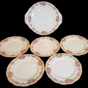 1933 Vintage Royal Albert Colourful Floral Lace Cake Plate Set, 9&quot; Handled Cake Platter with 5 Cake Plates, Perfect Condition 90 yrs old!