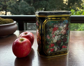 Lata de galletas inglesa vintage, bonita caja de almacenamiento reciclada con diseño floral, lata de galletas de colección
