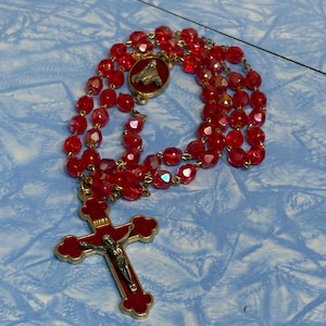 Vintage Red Aurora Borealis Crystal Glass Rosary Beads, 20&quot; Long Length MCM Crucifix Necklace