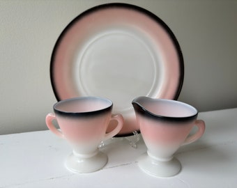 Rare 1930s Set of 3 Hazel Atlas Pink and Black Ombre Ovide Platonite Creamer, Sugar, and Cookie Plate