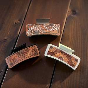 Western 4 Inch Hair Claw Clip For Women, Faux Tooled Leather Sublimation Printed, Boho Cowgirl Sunflower Hair Accessory, Southwestern Style