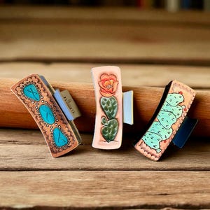 Western 4 Inch Hair Claw Clip For Women, Faux Tooled Leather Sublimation Printed, Boho Cowgirl Gift, Desert Succulent Clip, Southwest Style