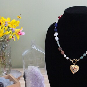 Gold Plated Stainless Steel &quot;I Love You&quot; Locket Necklace Made w/ a Spring Ring Clasp and a Variety of Stone, Glass and Pearl Beads