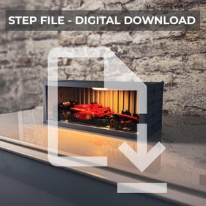 May include: A digital download of a STEP file for a 3D printed model of a red racing car in a container. The container has a light inside and is sitting on a table.