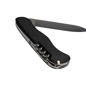May include: A multi-tool knife with a black textured handle and a silver blade. The blade is partially extended, revealing its sharp edge. The tool also includes a corkscrew and other implements.