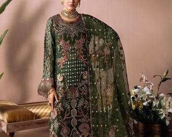 Embroidered Green Chiffon Salwar Kameez: Pakistani Indian Wedding Outfit