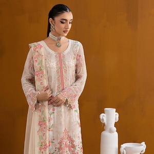 Weiß Eid Salwar Kameez für Frauen indischen pakistanischen Outfit Hochzeit tragen Chiffon bestickte Kleidung Punjabi Anzug Made To Order UK, USA,