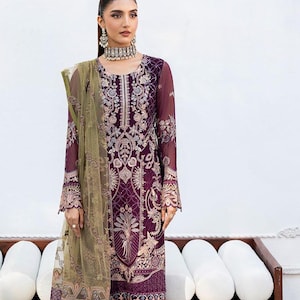 Purple Eid Salwar Kameez for Women Indian Pakistani Outfit Wedding Party Wear Chiffon Embroidered clothes Punjabi Suit Made To Order USA, CA