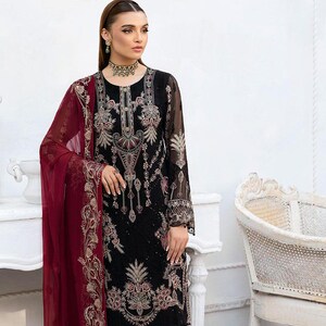 Schwarz Eid Salwar Kameez für Frauen indische pakistanische Outfit Hochzeit tragen Chiffon bestickte Kleidung Punjabi Anzug auf Bestellung USA, CA,