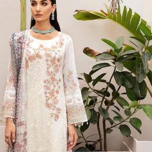 Weiß Eid Salwar Kameez für Frauen indische pakistanische Hochzeit Party Wear Luxus Chiffon Digital bedruckte Netz bestickte Punjabi Kleidung USA, CA