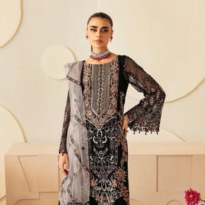 Schwarz Eid Salwar Kameez für Frauen indische pakistanische Hochzeit Party Wear Netz Chiffon bestickte Kleidung Punjabi Desi Anzug Made to Order USA,