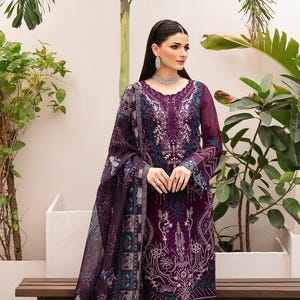 Lila Eid Salwar Kameez für Frauen Indische pakistanische Hochzeit Party Wear Luxus Chiffon Digital bedruckte Netz gestickte Punjabi Kleidung USA, CA