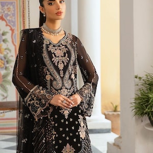 Schwarz Eid Salwar Kameez für Frauen indische pakistanische Hochzeit Party Wear stilvolle Netz Chiffon bestickte Punjabi Kleidung Made to Order USA, CA