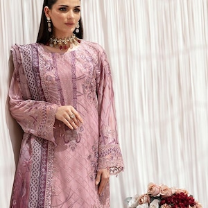 Pink Eid Salwar Kameez für Frauen Indische pakistanische Hochzeit Party Wear Luxus Chiffon Digital bedruckte Netz bestickte Punjabi Kleidung USA, CA