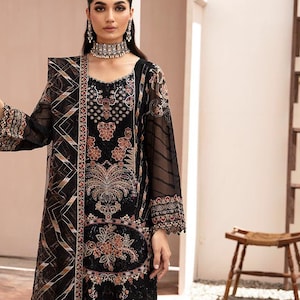 Schwarz Eid Salwar Kameez für Frauen indische pakistanische Hochzeit Party Wear Luxus Chiffon Netz bestickte Punjabi Kleidung Made to Order USA, CA, UK