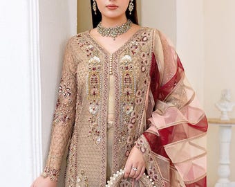 Laser Cut Pakistani Cotton Dress, Embroidered Trousers, Net Scarf