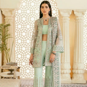 Embroidered Pakistani Indian Wedding Party Wear Light Green Dress Trouser with Open Shirt and Blouse Desi Clothes Punjabi Suit for Women