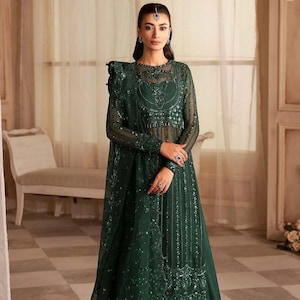 slim fit dress slacks Parrot Green Embroidered Pakistani Salwar Kameez Suit – Nameera by Farooq main image 1