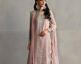Pink Bridal Sharara Dress Pakistani Indian Wedding Party Wear Clothes Chiffon Embroidered Punjabi Suit Eid
