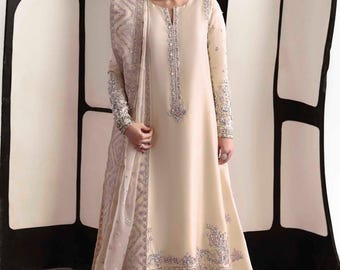 Embroidered Silk Sharara Style Suit: Pakistani Indian Wedding Outfit, Formal, Elegant Designer Party Wear