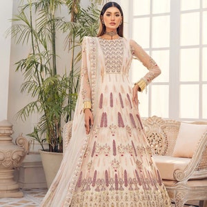 Weiß Maxi-Frock Pakistanische indische Hochzeit Brautkleid-Party-Abnutzungs-Kleidung für Frauen Outfit Organza bestickt Kleid Made to Order USA, UK, CA