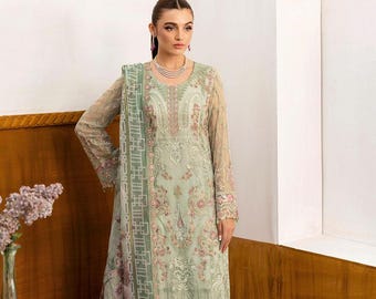 Sea Green Embroidered Chiffon Salwar Kameez: Pakistani Indian Outfit