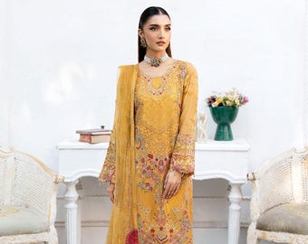 Yellow Embroidered Chiffon Salwar Kameez: Pakistani Indian Wedding Outfit