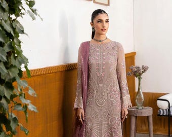 Lichtroze geborduurde chiffon salwar kameez: Pakistaans-Indiase outfit